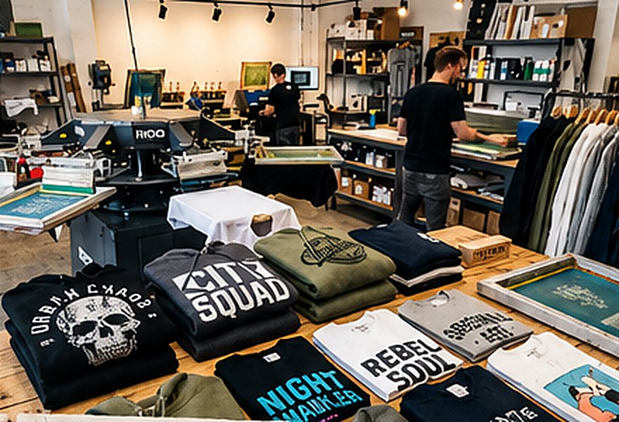 Tafels vol bedrukte shirts en hoodies, op de achtergrond de pers